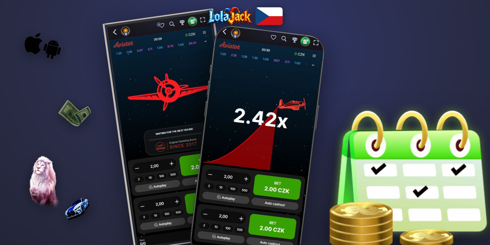 Herní rozhraní Aviator v Lolajack Casino s panelem pro sázku a cashout